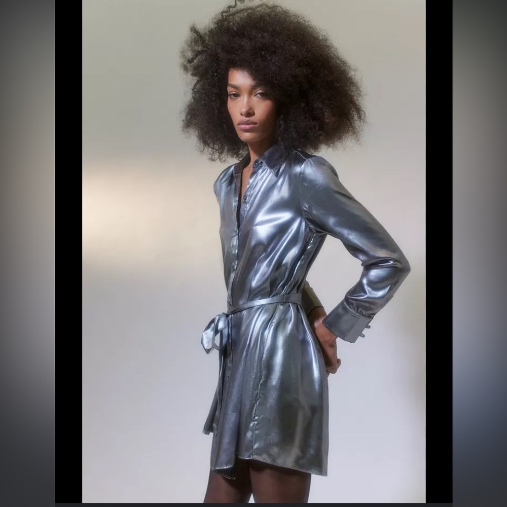 Urban Outfitters Midnight Strikes Metallic Silver Button Up Mini Dress